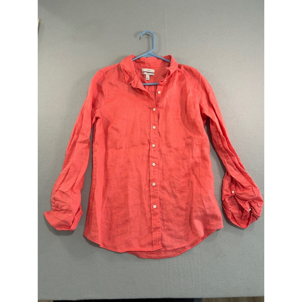 J.Crew Perfect Shirt Button Down Womens 8 Coral Pink 100% Linen Long Sleeve